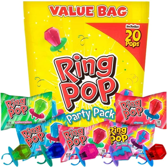Ring Pop Candy Lollipops - Individually Wrapped Bulk Lollipop Variety Party Pack 20 Count Suckers w/ Assorted Flavors - Fun Candy for Kids - Hard Candy for Party Favors, Birthdays & Goodie Bags