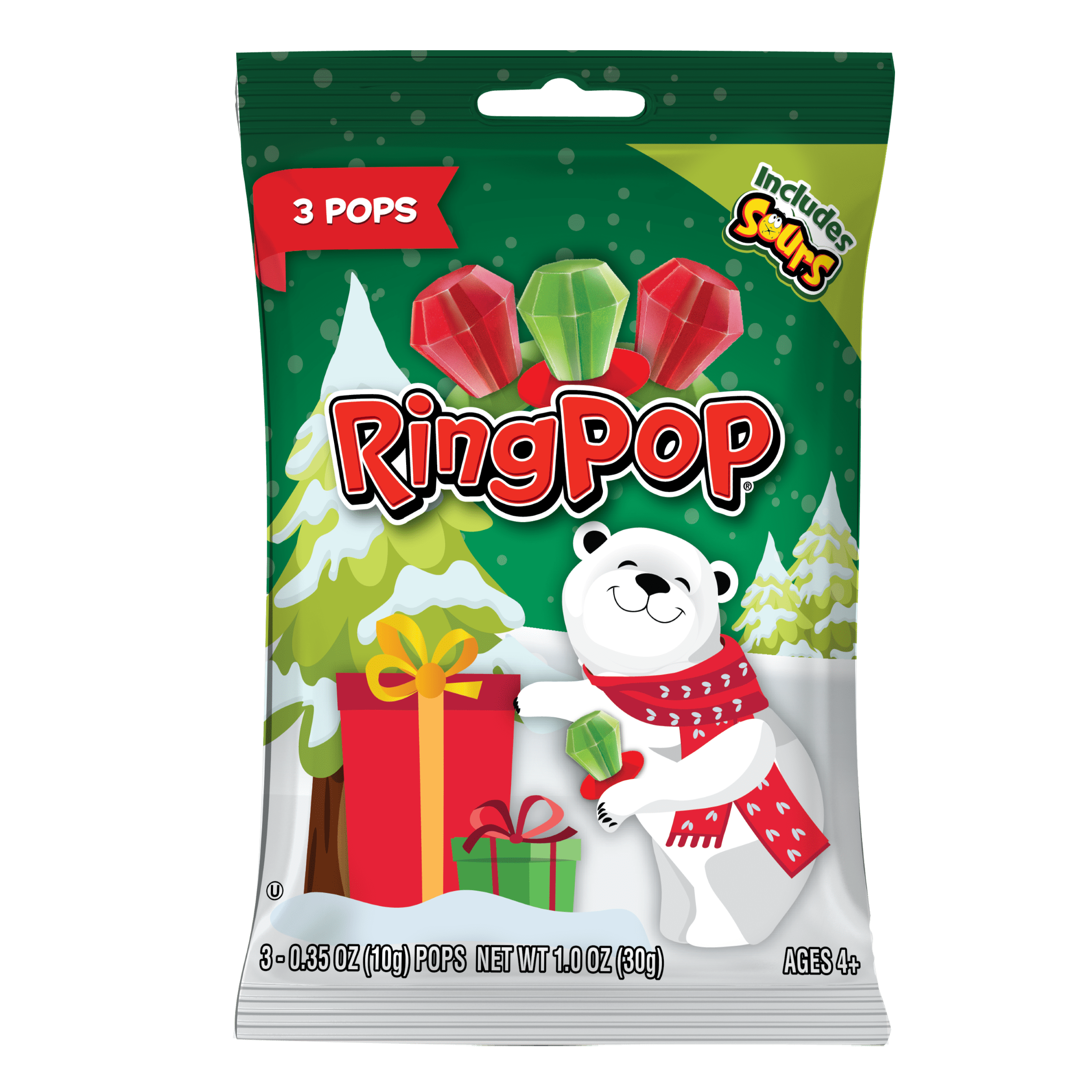 Ring Pop, Holiday Lollipops, Sour Cherry, Watermelon, and Cherry Flavored , Sucker Candy, 1.0 oz, Bag