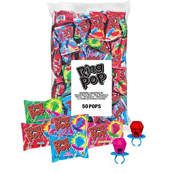 Ring Pop Individually Wrapped Bulk Lollipop Variety Party Pack 50 Count Lollipop Suckers w/ Assorted Flavors - Fun Candy for Birthdays and Celebrations (Pack of 1)