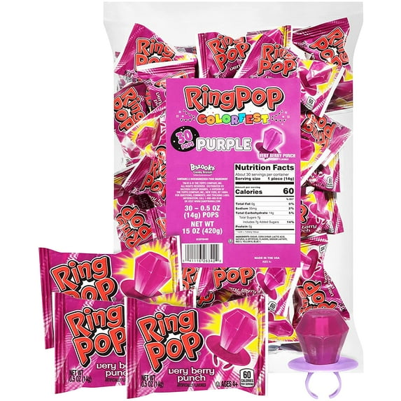 Ring Pop Purple Candy Lollipops, 30Ct Bulk Individually Wrapped in Very Berry Punch Flavor, Full Size, Fun Hard Candy For Birthday, Party Favors, Bachelorette Parties & Kids Gifts