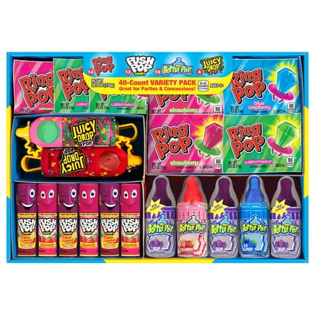 Ring Pop, Push Pop, Baby Bottle Pop, Juicy Drop Pop, Lollipop Variety Pack, Bulk Candy, Assorted Flavors, Party & Sharing Size, 26 oz, 40 Pieces