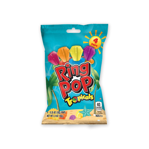 Ring Pop, Kosher, Tropicals, Individually Wrapped Lollipops, 1.4 oz, 4 Count, Bag
