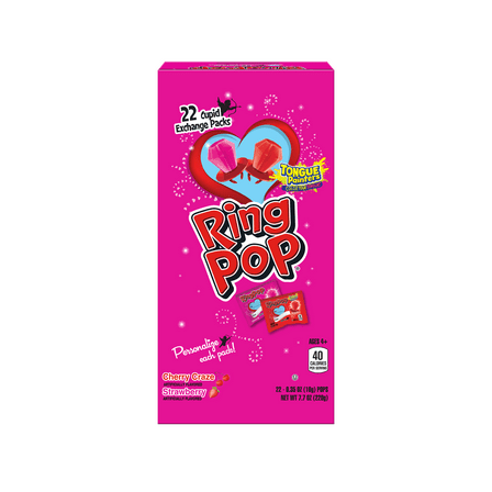 Ring Pop, Valentine Lollipops, Cherry Craze and Strawberry, Sucker Candy, 7.7 oz, 22 Count