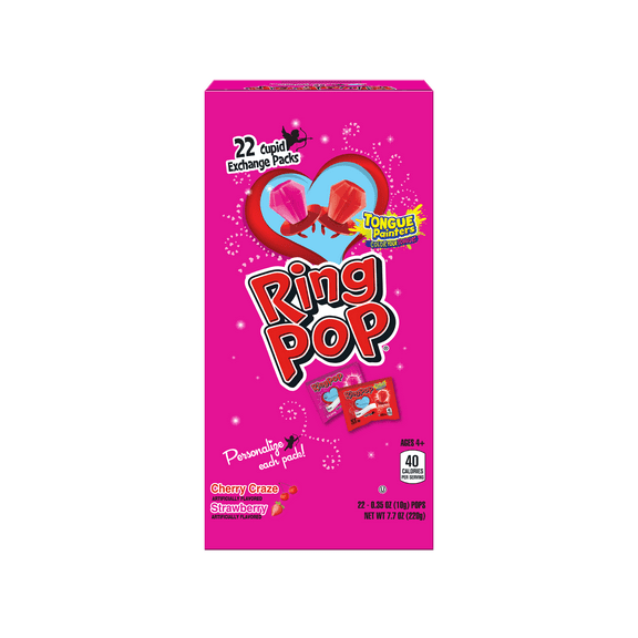 Ring Pop, Valentine Lollipops, Cherry Craze and Strawberry, Sucker Candy, 7.7 oz, 22 Count