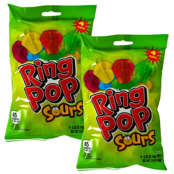 Ring Pops Sour 4Cts per Bag Party Lollipop Individually Wrapped Fun Halloween Candy Bowls Party Favor Sweet Decor Trick or Treat Candies Basket Bag Fillers Stocking Stuffer Snack Party Favor Pack of 2