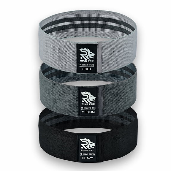 Ring Pro Resistance Bands 3-Pack – Non-Slip Fabric Exercise Bands for Legs, Glutes & Hips – Light Grey, Dark Grey, Black