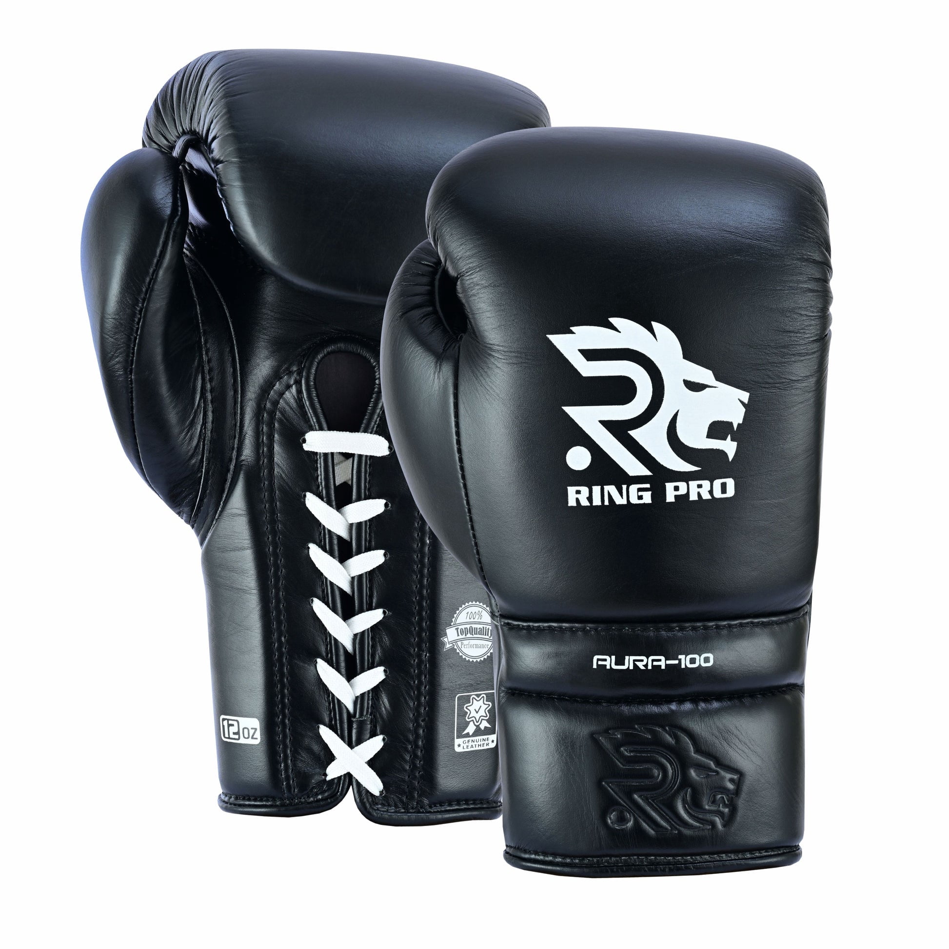 Ring Pro Sports Aura-100 Series Boxing Glove Made of Genuine Cowhide Leather for Boxing & MMA - Black 16 oz