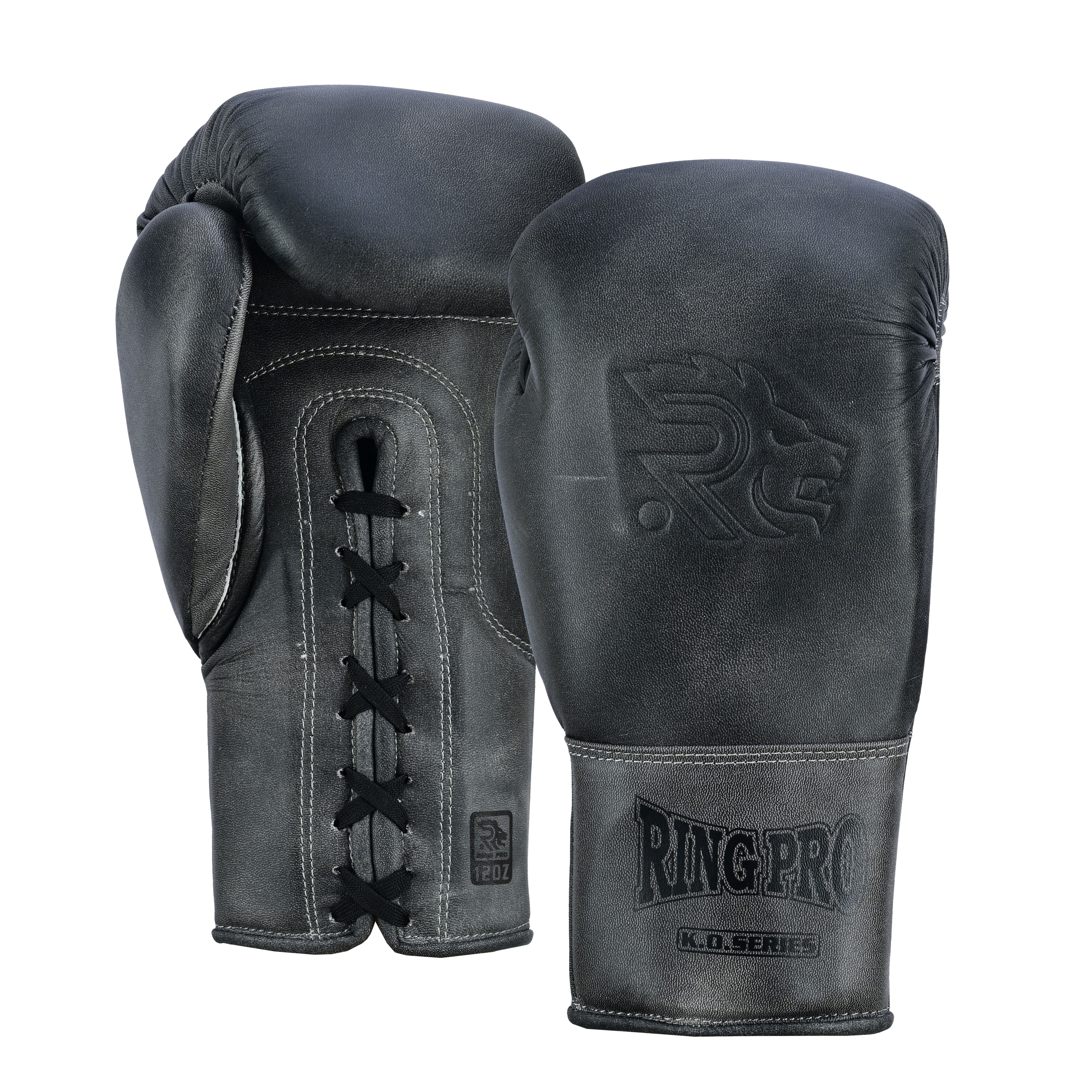 Ring Pro Sports K.O Series Boxing Glove Made of Distressed Leather for Boxing & MMA - Black 12 oz