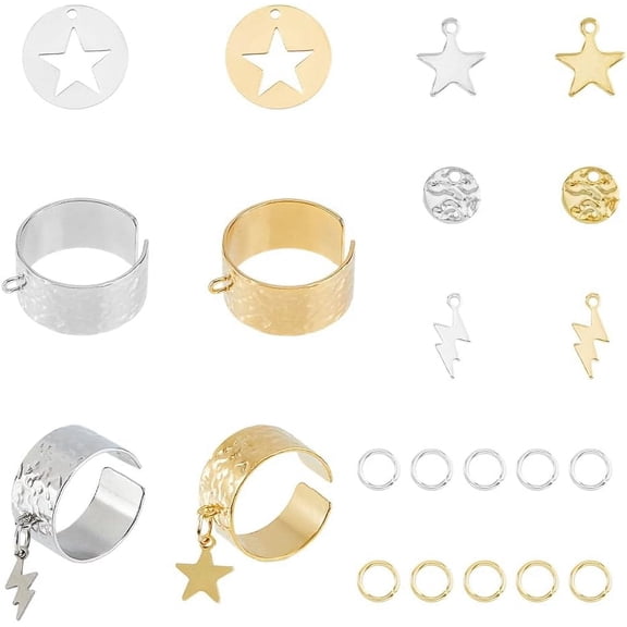 Ring Set Including 4Pcs Adjustable Stainless Steel Ring 6Pcs Star & Lightning and 2Pcs Flat Round Charms 60Pcs Open Jump Rings Golden & Stainless Steel Color Open Cuff Ring DIY Making Kit Mixed Color