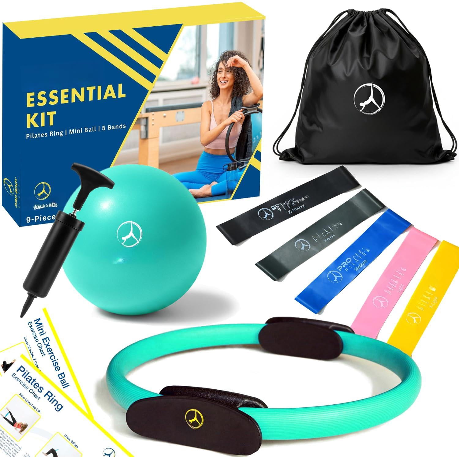 Ring Set With 14-inch Magic Circle  9-inch Exercise Ball 5 Resistance Bands Pump Guides & Storage Bag For Core Strength Balance Stability