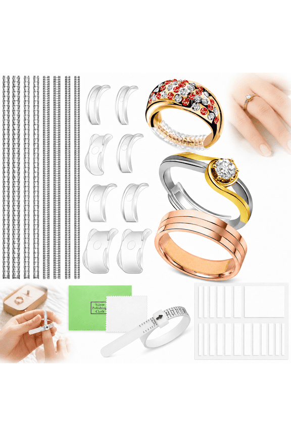 Ring Sizer Adjuster Kit for Loose Rings , Invisible Ring Guards, Silicone Tighteners, EVA Foam Spacers , Ring Measuring Tool & Polishing Cloth (Universal Fit for Women & Men)