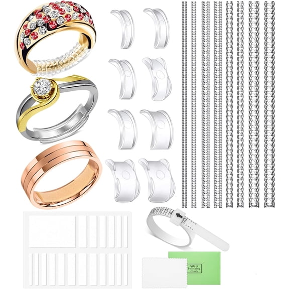 Ring Sizer Adjuster Kit for Loose Rings , Invisible Ring Guards, Silicone Tighteners, EVA Foam Spacers , Ring Measuring Tool & Polishing Cloth (Universal Fit for Women & Men)