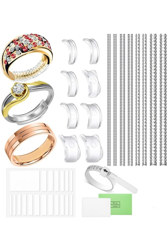 Ring Sizer Adjuster Kit for Loose Rings , Invisible Ring Guards, Silicone Tighteners, EVA Foam Spacers , Ring Measuring Tool & Polishing Cloth (Universal Fit for Women & Men)