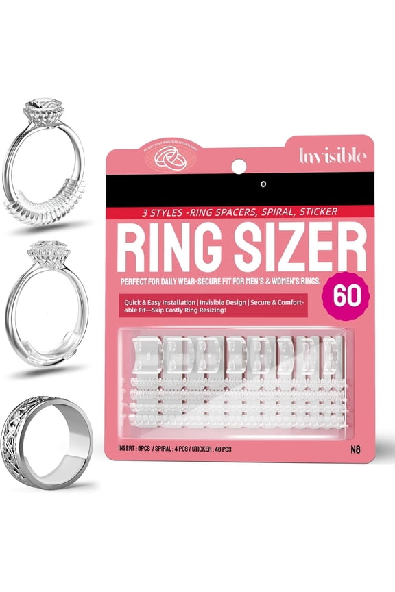 Ring Sizer Adjuster for Loose Rings, 60 count Set with 3 Styles (Spiral Coils, Ring Guards, Sizing Strips),  Ring Guards Fits Ring Widths 1-10mm, Invisible Resizing Solution for Women & Men