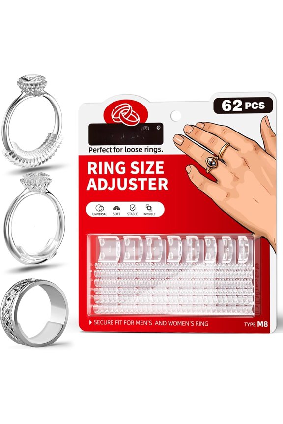 Ring Sizer Adjuster for Loose Rings - 62 count Set with 3 Styles (Ring Spacers, Spiral, Sticker), Fits Ring Widths 1-10mm, Invisible Design for Women & Men