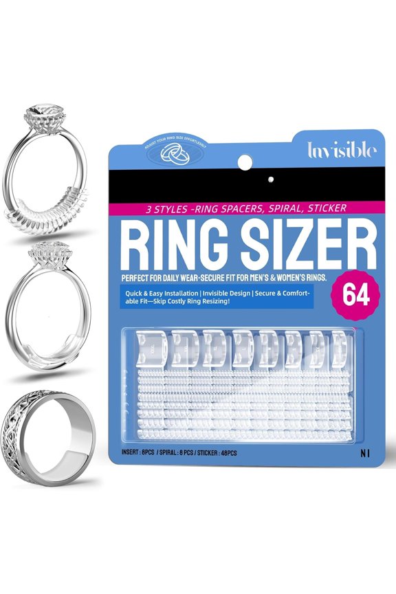 Ring Sizer Adjuster for Loose Rings, 64- Set with 3 Types (Spiral Coils, Ring Guards, Sizing Strips) Fits Ring Widths 1-10mm, Invisible Resizing Solution for Women & Men