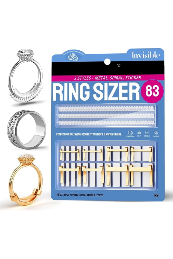 Ring Sizer Adjuster for Loose Rings, 83 count Set with 3 Styles (Metal Ring Guards, Spiral Coils, Sizing Strips), Ring Spacer Fits Ring Widths 1-10mm, Invisible Resizing Solution for Women & Men