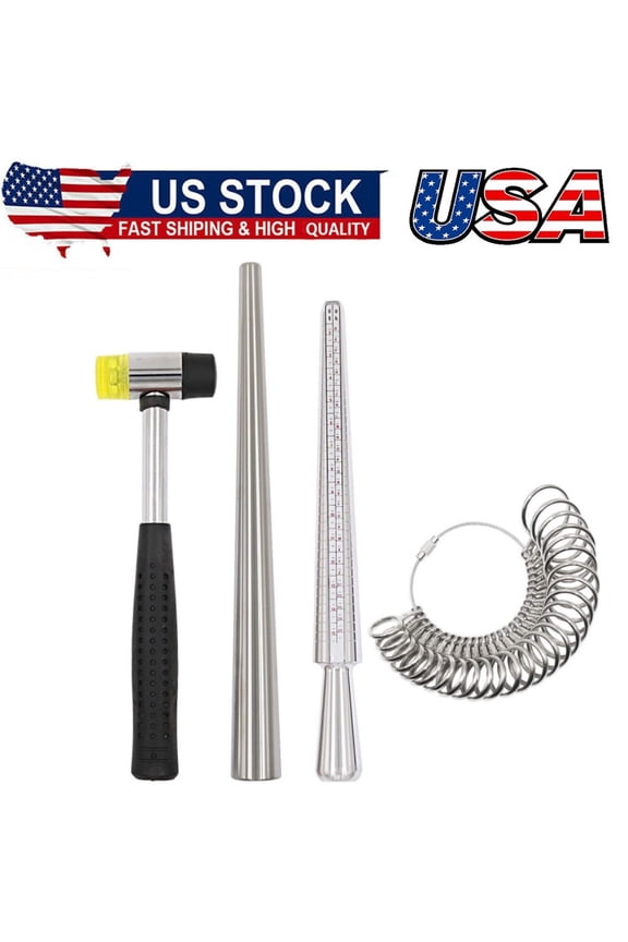 Ring Sizer Mandrel Measuring Tool Steel Ring Sizing Gauge Sizers Set Rubber Jewelers Mallet Hammer Metal Finger Size Stick Wire Wrap Rings Tools Jewelry Making Kit