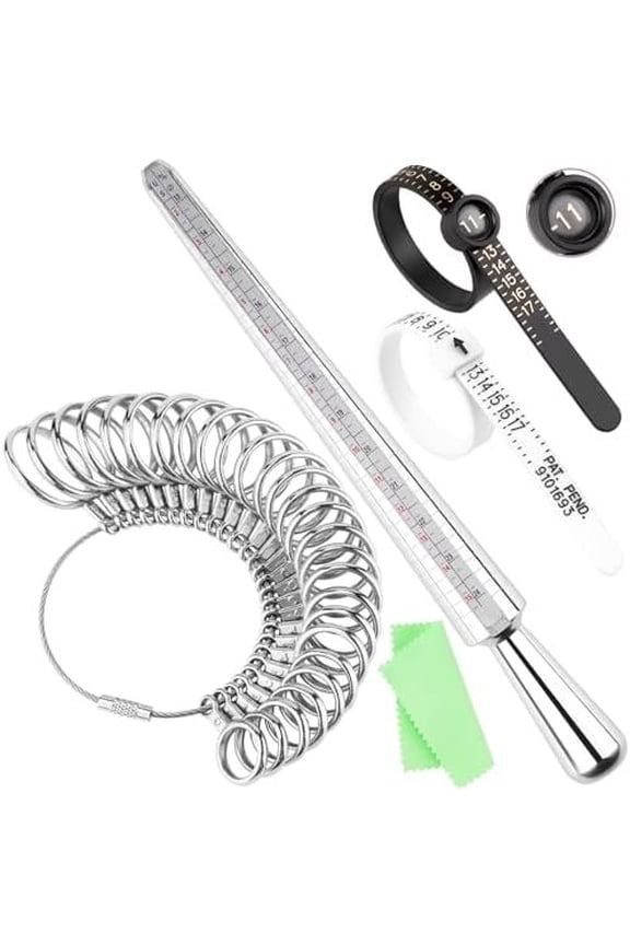 Ring Sizer and Measuring Tool, 5-in-1 Pro Ring Sizing Kit: Ring Mandrel, 27 count Metal Ring Sizers ( 0-13), 2 Finger Size Belts 1-17 (1 with Magnifier), Polishing Cloth