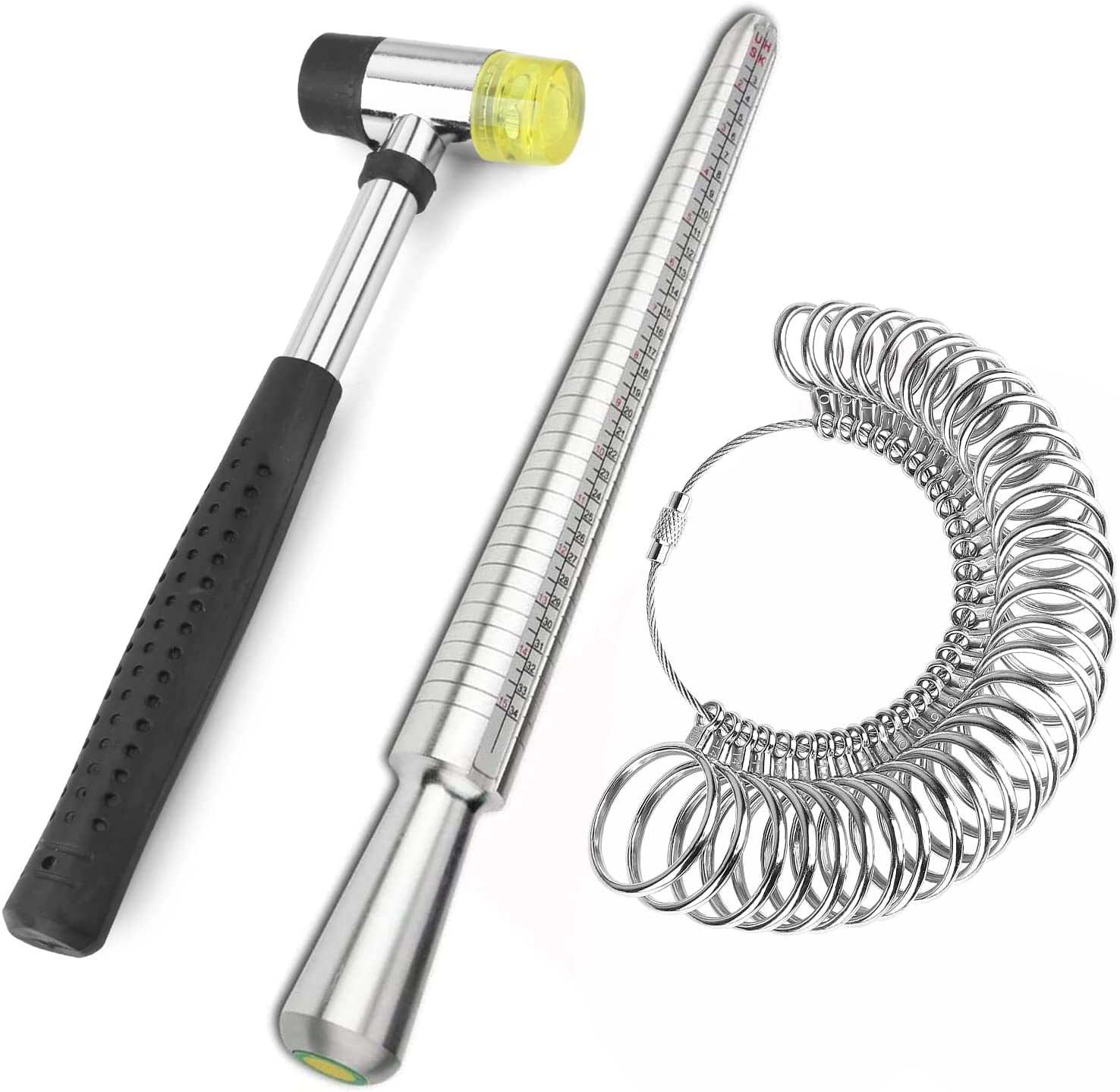 MENKEY Ring Sizer Measuring Tool Including Ring Mandrel, Ring Gauge Finger Sizer & Rubber Jewelry Hammer, Metal Ring Measurement Maker Kit Ring Sizing Stick for Man Women Jewelry Making