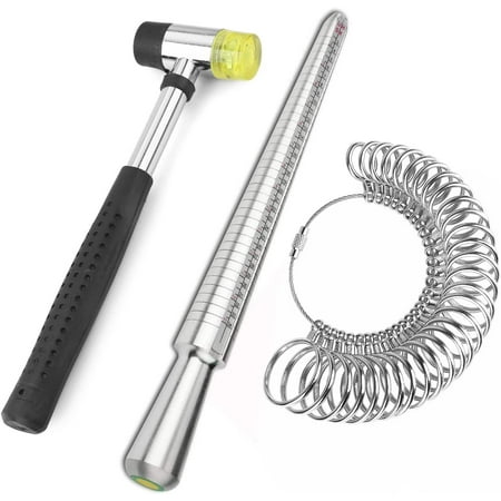 Ring Sizer Measuring Tool Including Ring Mandrel, Ring Gauge Finger Sizer & Rubber Jewelry Hammer, Metal Ring Measurement Maker Kit Ring Sizing Stick for Man Women Jewelry Making