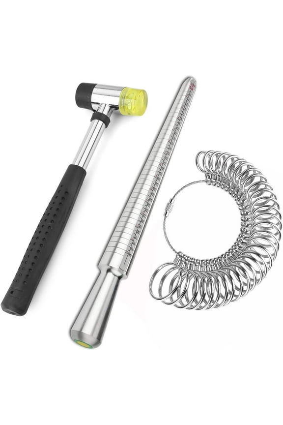 Ring Sizer Measuring Tool Including Ring Mandrel, Ring Gauge Finger Sizer & Rubber Jewelry Hammer, Metal Ring Measurement Maker Kit Ring Sizing Stick for Man Women Jewelry Making