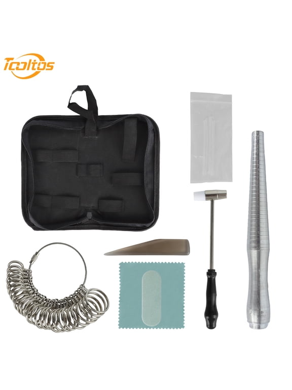 Ring Sizer Measuring Tool Set,Including Finger Sizing Guage,Ring Sizer Mandrel,Ring Sizer Adjuster,Restoration Hammer,Cleaning Cloth,Buffing Bars and Polishing Agate for Jewelry Sizing Making