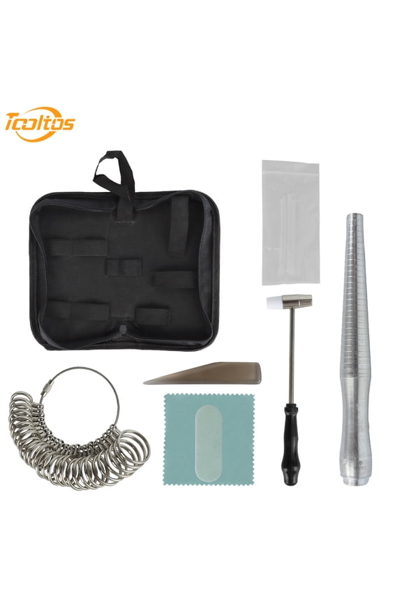 Ring Sizer Measuring Tool Set,Including Finger Sizing Guage,Ring Sizer Mandrel,Ring Sizer Adjuster,Restoration Hammer,Cleaning Cloth,Buffing Bars and Polishing Agate for Jewelry Sizing Making