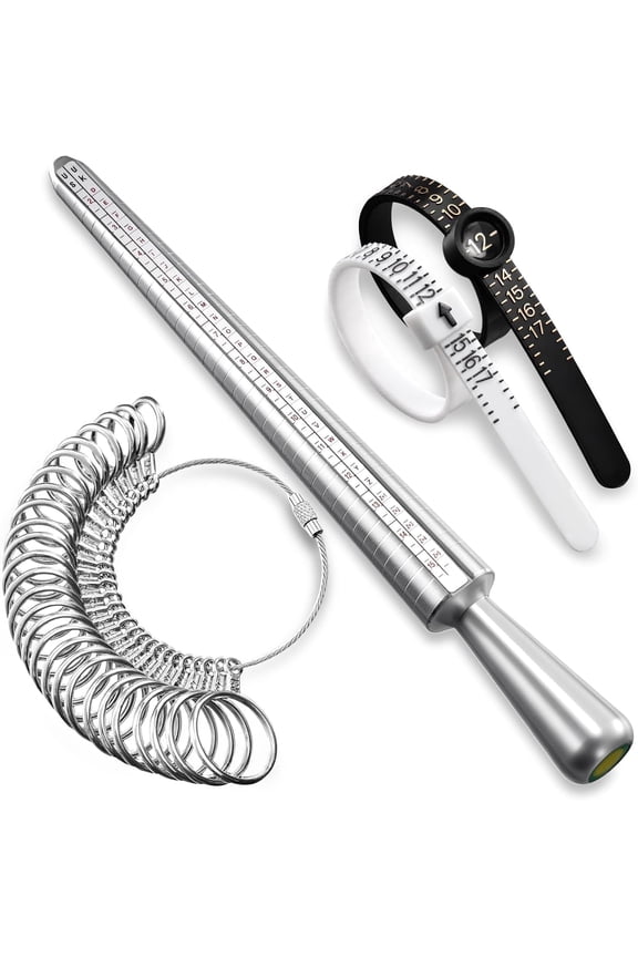 Ring Sizer Measuring Tool Set, Ring Gauges with Finger Sizer Mandrel Ring Sizer Tools for Jewelry Sizing Measuring, 4 pcs, Silvery