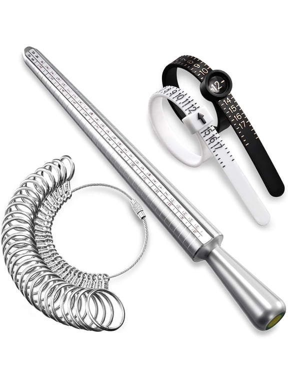 Ring Sizer Measuring Tool Set, Ring Gauges with Finger Sizer Mandrel Ring Sizer Tools for Jewelry Sizing Measuring, 4 pcs, Silvery
