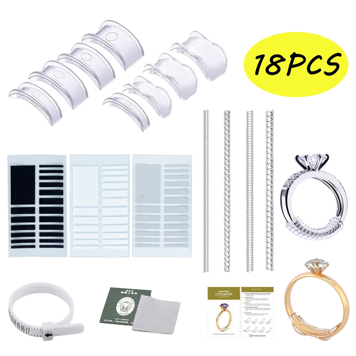Ioffersuper 32 Sheets Ring Size Adjuster Invisible Jewelry Sizer with 12Pcs  Plastic Spring Rope Ring Sizer 1 Ring Measuring Tape 2 Pcs Cleaning Cloth  for Loose Rings Jewelry Guard Tightener Spacer price