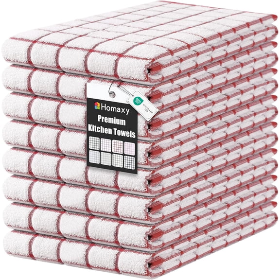 Ring Spun Cotton Kitchen Towels 16"x 28" 8 Pack Rust Check Design with Hanging Loop