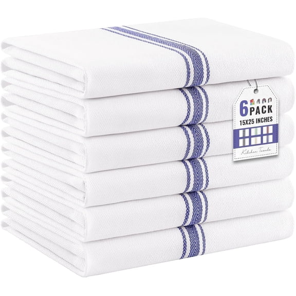 Ring Spun  Kitchen Towels 6 Pack, Blue Stripe | 15 x 25 Inch, Highly Absorbent Dish Towels for Kitchen Drying,  Cleaning Cloths, Soft  Towels with  Loop