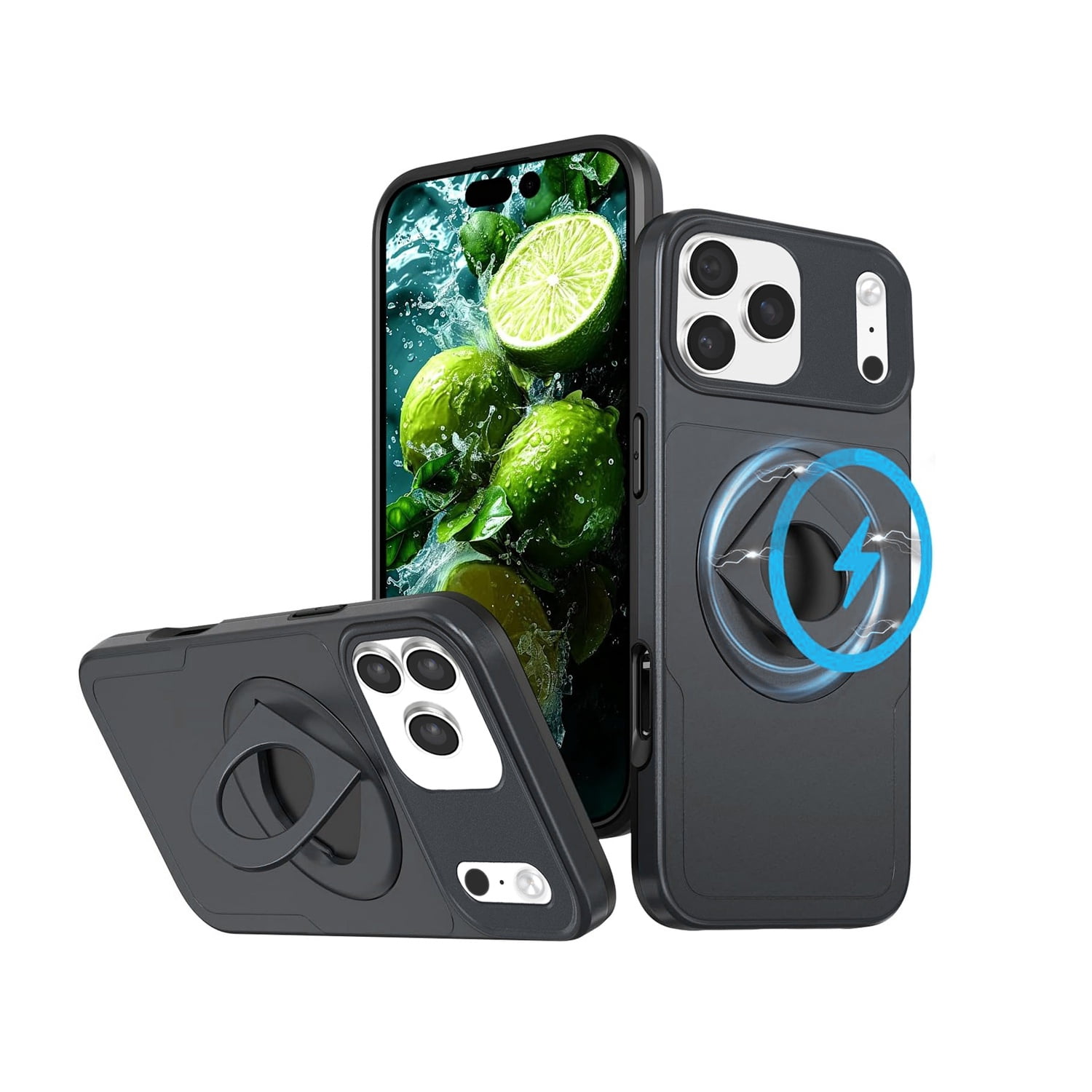 Ring Stand Case & Camera Lens Sliding Cover for iPhone 17 Pro Max - Black