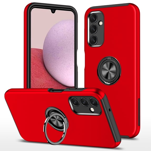 Ring Stand Case for Samsung Galaxy A35, Dual-Layers Shockproof Protective Cover with Magnetic Rotated Ring Holder, Heavy Duty Camera Lens Protection Rugged Case for Samsung Galaxy A35, Red
