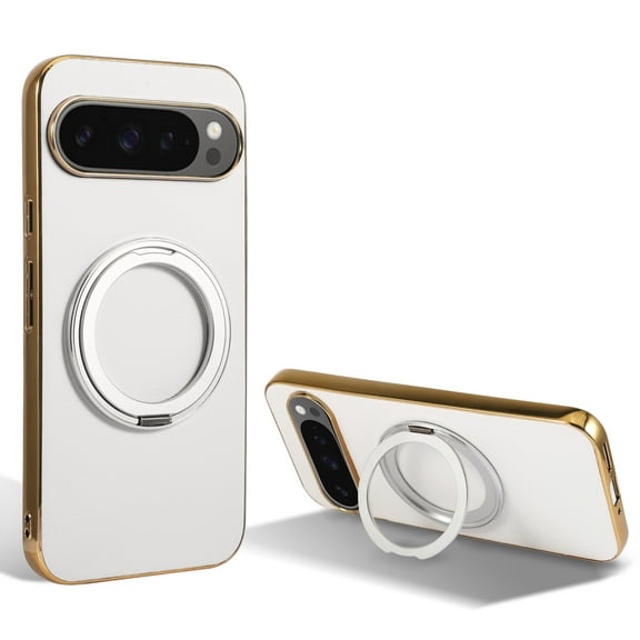 Ring Stand for Google Pixel 9 / 9 Pro Case, [Magnetic Compatible with Mag-Safe & Support Car Mount] Shockproof Plating Frame PU Leather Case, Rotatable Stand Cover for Google Pixel 9 / 9 Pro, White