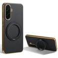 thumbnail image 1 of Ring Stand for Samsung Galaxy A26 5G Case, [Magnetic Compatible with Mag-Safe & Support Car Mount] Shockproof Plating Frame PU Leather Phone Case, Rotatable Stand Cover for Galaxy A26 5G, Black, 1 of 6
