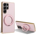 thumbnail image 1 of Ring Stand for Samsung Galaxy S25 Ultra Case, [Magnetic Compatible with Mag-Safe & Support Car Mount] Shockproof Plating Frame PU Leather Phone Case, Rotatable Stand Cover for Galaxy S25 Ultra, Pink, 1 of 6