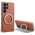 thumbnail image 1 of Ring Stand for Samsung Galaxy S25 Ultra Case, [Magnetic Compatible with Mag-Safe & Support Car Mount] Shockproof Plating Frame PU Leather Phone Case, Rotatable Stand Cover for Galaxy S25 Ultra, Brown, 1 of 6