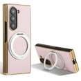 thumbnail image 1 of Ring Stand for Samsung Galaxy Z Fold 4 Case, [Magnetic Compatible with Mag-Safe & Support Car Mount] Shockproof Plating Frame PU Leather Phone Case, Rotatable Stand Cover for Galaxy Z Fold 6, Pink, 1 of 6