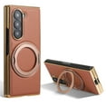 thumbnail image 1 of Ring Stand for Samsung Galaxy Z Fold 4 Case, [Magnetic Compatible with Mag-Safe & Support Car Mount] Shockproof Plating Frame PU Leather Phone Case, Rotatable Stand Cover for Galaxy Z Fold 6, Brown, 1 of 6