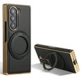 thumbnail image 1 of Ring Stand for Samsung Galaxy Z Fold 4 Case, [Magnetic Compatible with Mag-Safe & Support Car Mount] Shockproof Plating Frame PU Leather Phone Case, Rotatable Stand Cover for Galaxy Z Fold 6, Black, 1 of 6