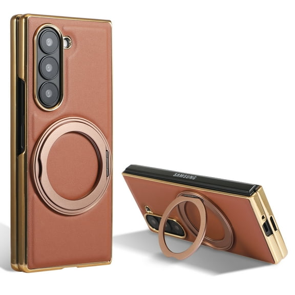 Ring Stand for Samsung Galaxy Z Fold 7 Case, [Magnetic Compatible with Mag-Safe & Support Car Mount] Shockproof Plating Frame PU Leather Phone Case, Rotatable Stand Cover for Galaxy Z Fold 7, Brown