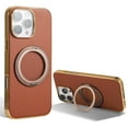 thumbnail image 1 of Ring Stand for iPhone 14 Case, [Magnetic Compatible with Mag-Safe & Support Car Mount] Shockproof Plating Frame PU Leather Phone Case, Rotatable Stand Phone Cover for iPhone 14, Brown, 1 of 6
