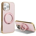 thumbnail image 1 of Ring Stand for iPhone 14 Pro Case, [Magnetic Compatible with Mag-Safe & Support Car Mount] Shockproof Plating Frame PU Leather Phone Case, Rotatable Stand Phone Cover for iPhone 14 Pro, Pink, 1 of 6