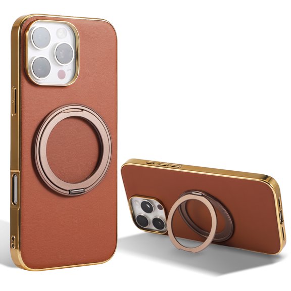 Ring Stand for iPhone 16 Case, [Magnetic Compatible with Mag-Safe & Support Car Mount] Shockproof Plating Frame PU Leather Phone Case, Rotatable Stand Phone Cover for iPhone 16, Brown