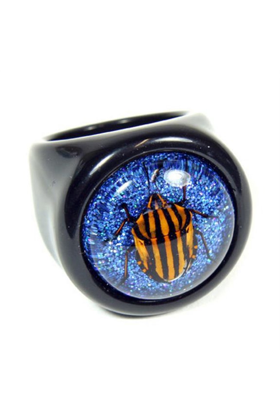 Ring Striped Sheild Bug Black Ring with Shiny Blue Back Size 7
