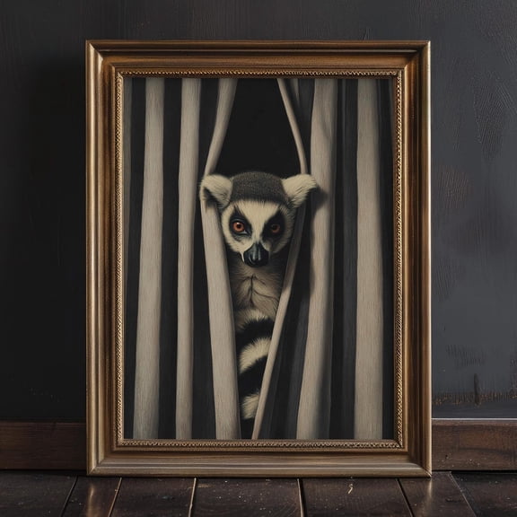 Ring Tailed Lemur Animal Black White Striped Accent Dark Moody Statement Dark Wall Art Unframed Paper Print