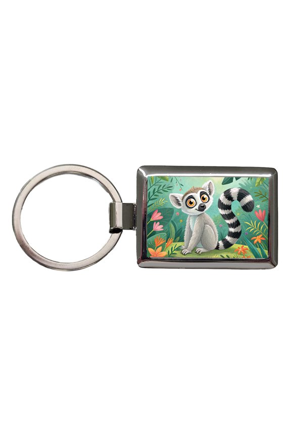 Ring-Tailed Lemur Children's Illustration Style Metal Rectangle Keychain