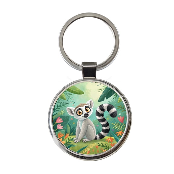 Ring-Tailed Lemur Children's Illustration Style Metal Round Keychain